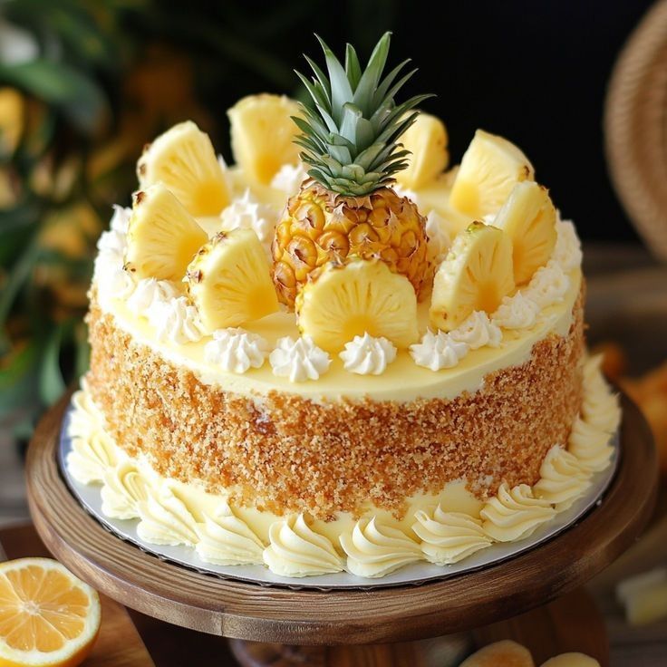 Pineapple cake with whipped cream frosting, pineapple slices, and a mini pineapple topper on a wooden stand