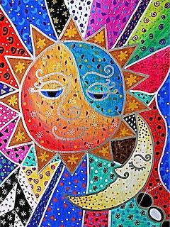 Vibrant mosaic art showing sun and moon faces with colorful patterns and swirls in rainbow hues