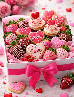 White gift box with pink ribbon containing Valentine's themed strawberries, cookies, and cupcakes decorated with hearts