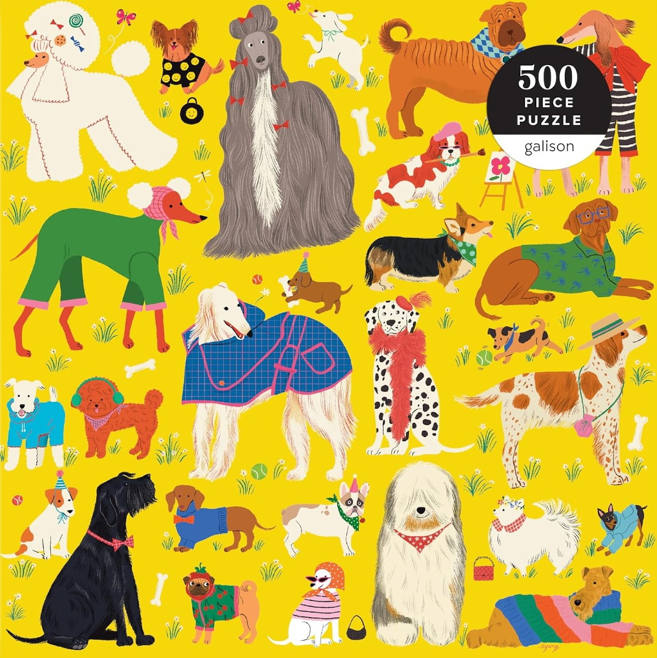 Illustration of many colorful dogs and puppies on a bright yellow background