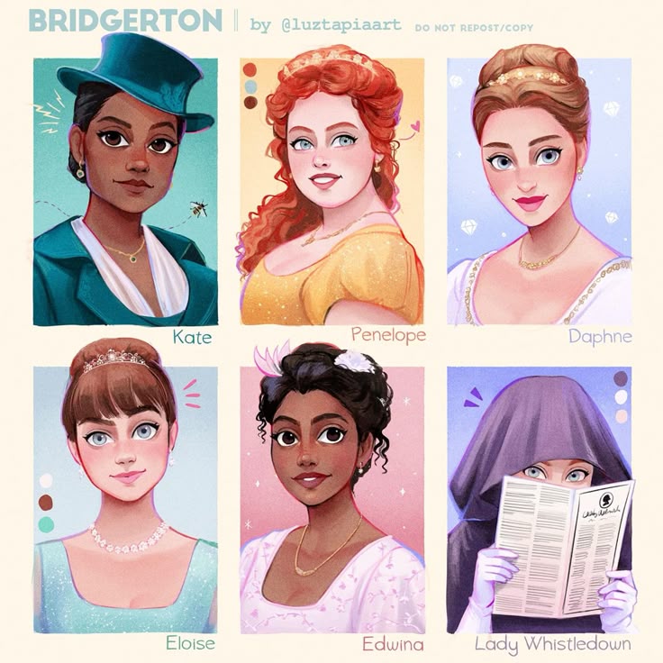 Illustrated collage of six Bridgerton female character portraits in pastel colored panels