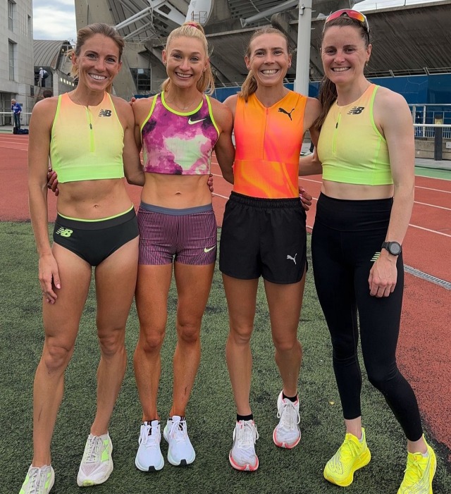 Four women athletes posing on a running track in bright athletic wear
