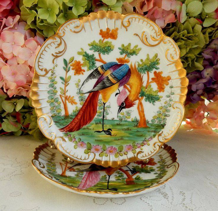 Ornate painted plate with colorful bird and gold trim surrounded by flowers