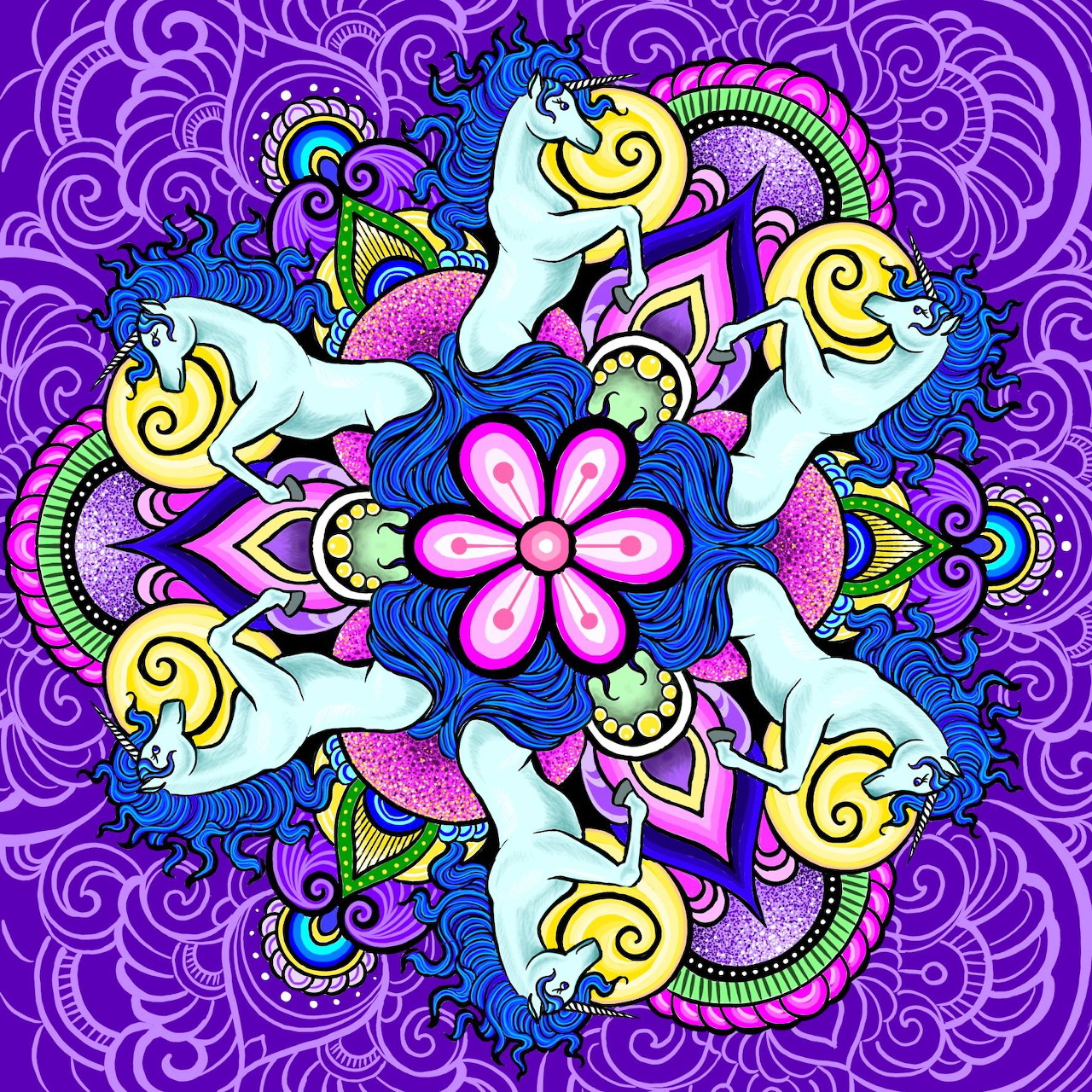 Symmetrical mandala with white unicorns in a circle around a pink and blue flower on vibrant purple background