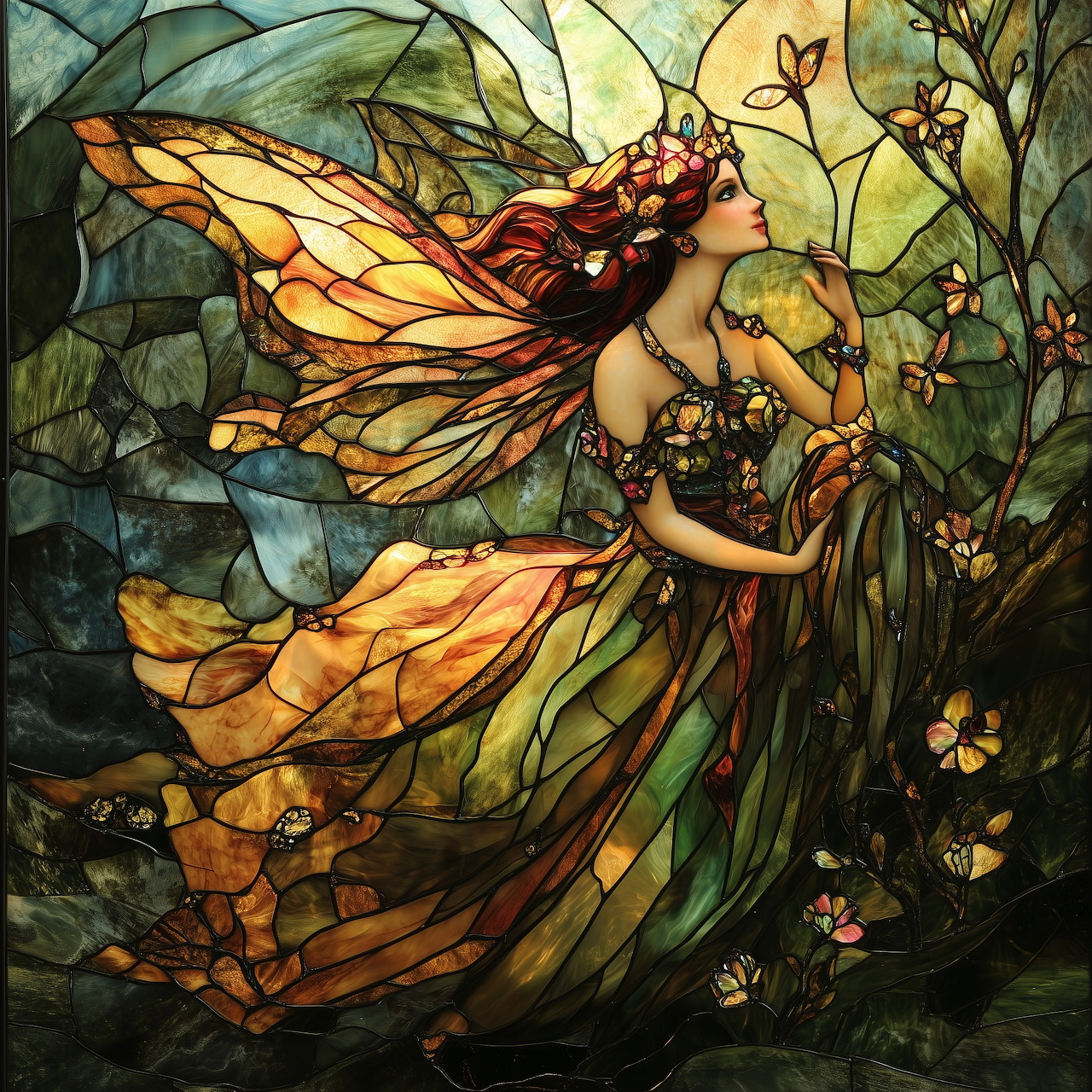 Stained glass style fairy with golden wings and flowing hair among flowers