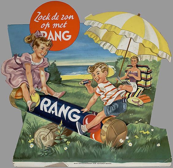 Vintage illustration of two children playing on grassy dunes beside a beach umbrella near the sea