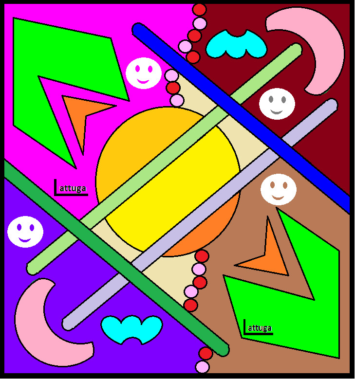 Colorful abstract composition with geometric shapes, smiling faces, hearts, and diagonal lines.