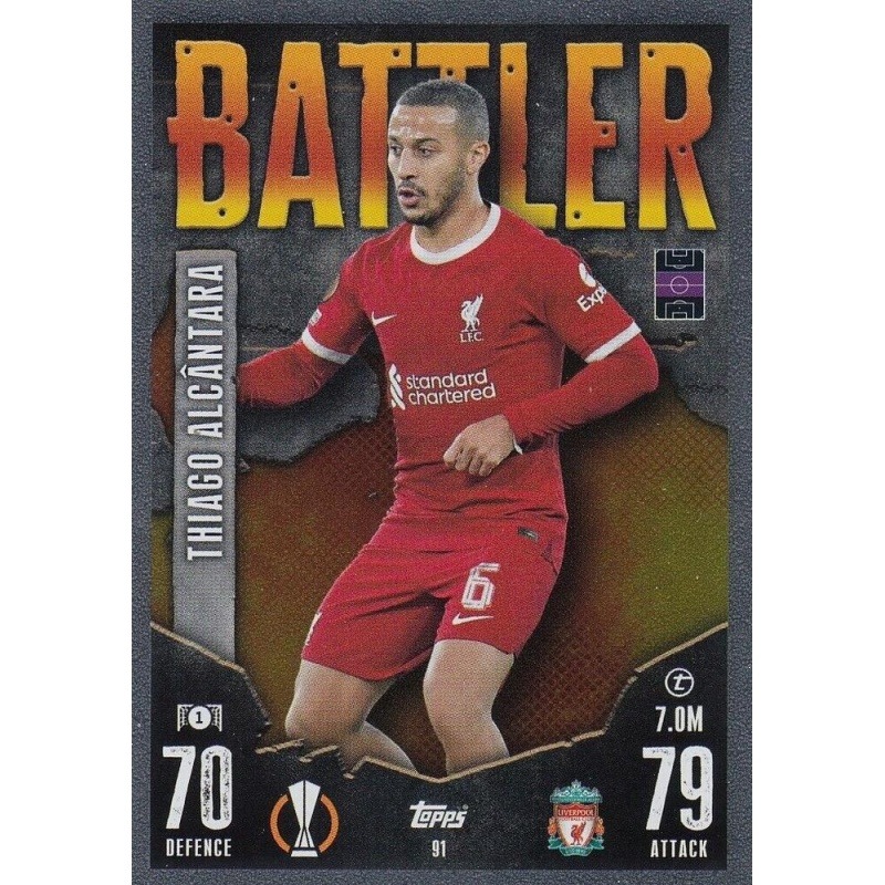 Thiago Alcantara football trading card in a red Liverpool kit with Battler title and ratings