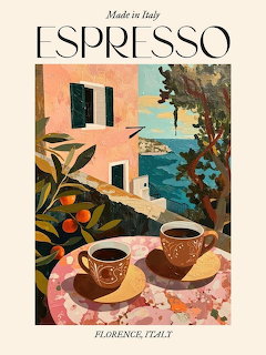Illustrated poster of two espresso cups on a table overlooking a Mediterranean coast with a pink building and tree