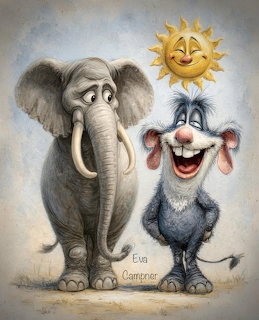 Cartoon illustration of a smiling elephant and laughing mouse under a happy sun