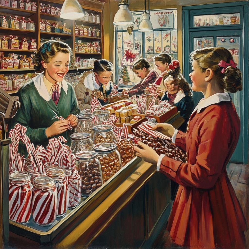 Women in retro dresses at vintage candy shop counter with striped jars and colorful sweets