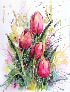 Watercolor painting of red and pink tulips with green stems and colorful paint splatters