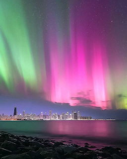 Colorful aurora borealis with green and pink lights over Chicago skyline at night reflected in lake water