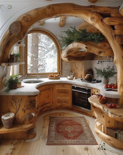 Rustic kitchen with natural wood trunk framing, curved cabinets, arched window with snowy view, and orientalrug