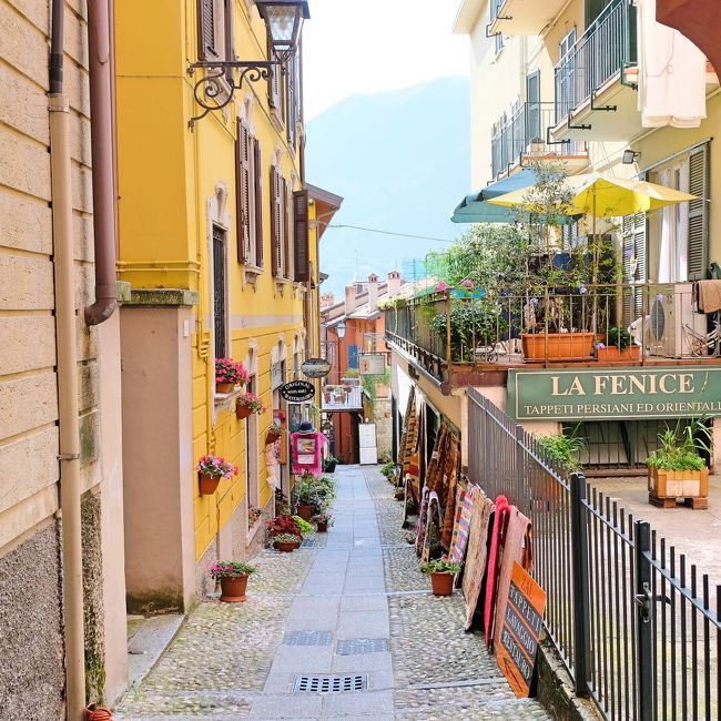 Narrow cobblestone alley between colorful buildings with balconies, plants, and mountains in the distance