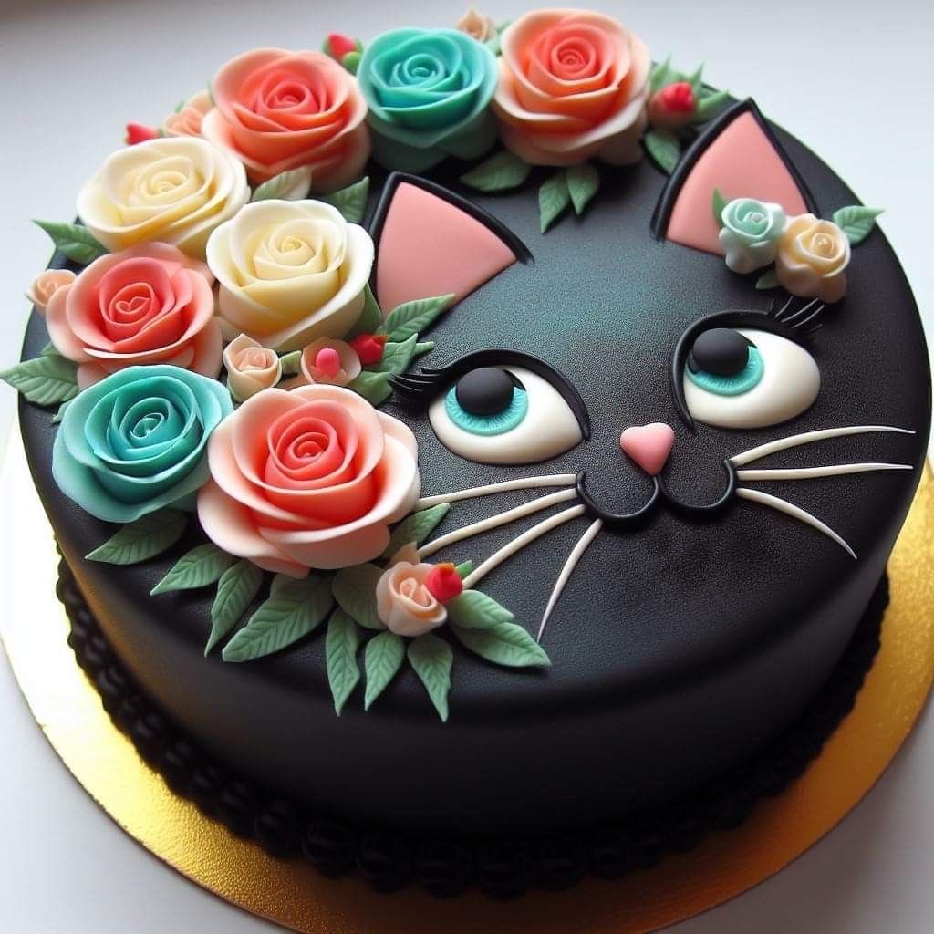 Black cat face cake topped with pastel roses and leaves on a gold board