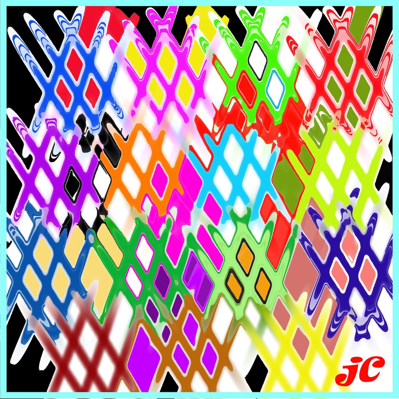Abstract art with overlapping colorful diamond shapes in rainbow spectrum creating dynamic geometric pattern