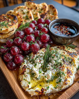 Herb-topped flatbreads on wooden board with red grapes and dark sauce