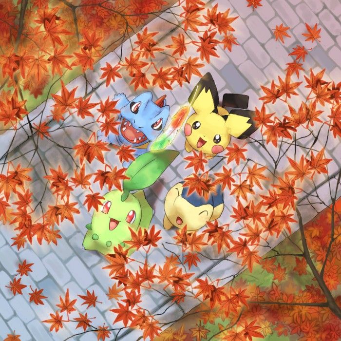 Pokemon characters on picnic blanket with fall maple leaves