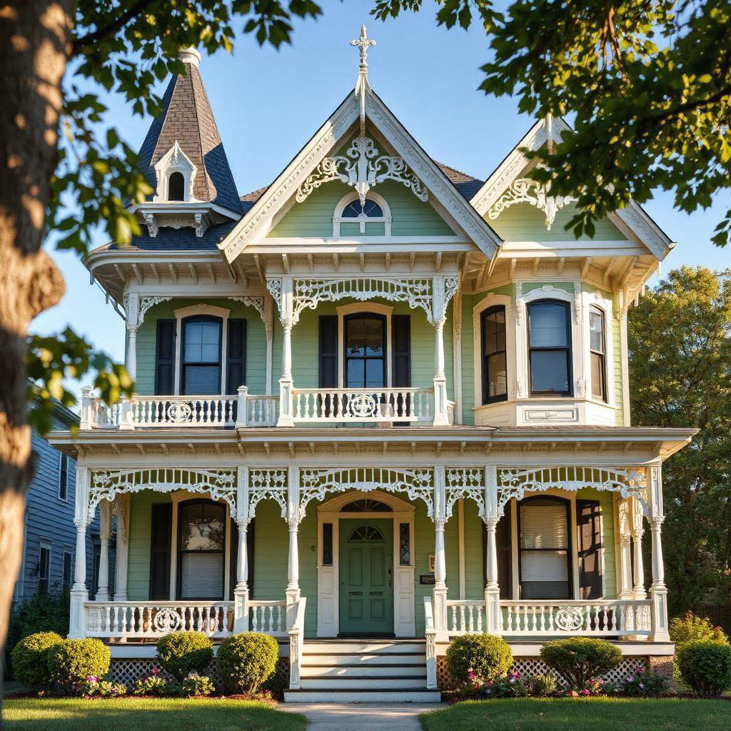 Ornate pale green Victorian house with white trim and porches