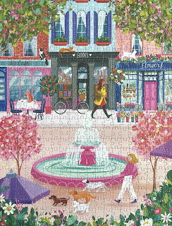 Illustrated town square with fountain, shops, cherry blossom trees, and people in vibrant colors