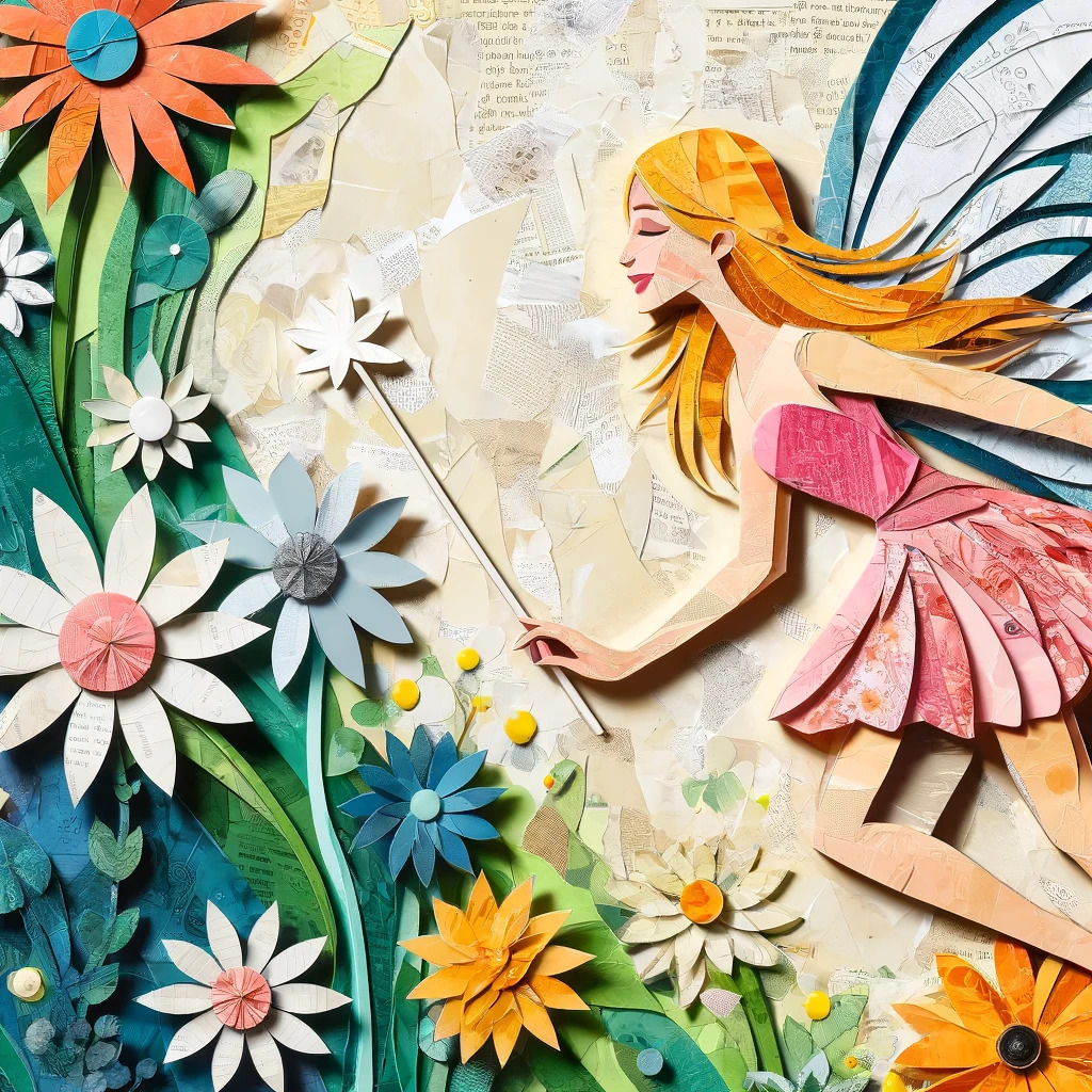 Paper craft fairy princess with colorful wings and wand among layered paper flowers