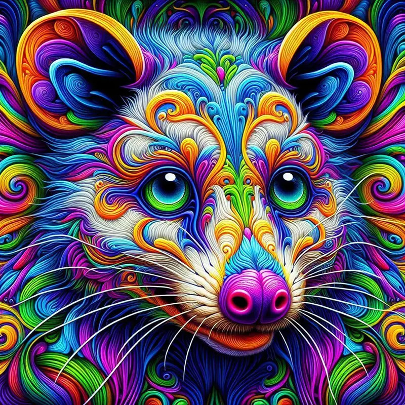 Colorful psychedelic possum portrait with swirling rainbow patterns and large eyes