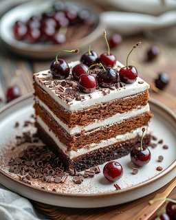 Layered chocolate cake with white cream, fresh cherries on top, and chocolate shavings on a plate