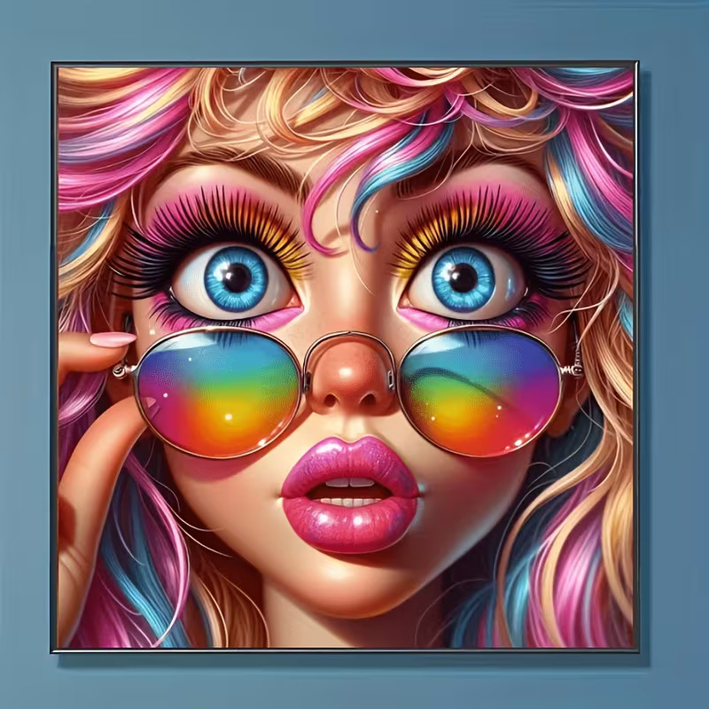 Illustration of girl with colorful hair wearing rainbow reflective sunglasses