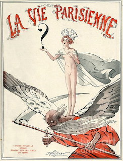 Vintage La Vie Parisienne magazine poster showing woman in white gown on waves with red fabric
