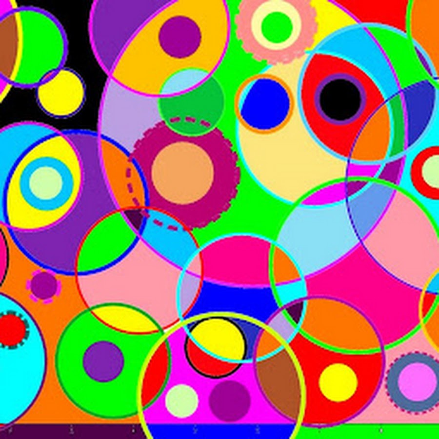 Abstract pattern of overlapping multicolored circles and rings in bright pink, purple, green, orange, yellow, and blue