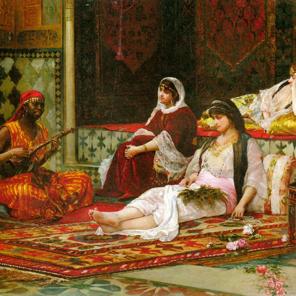 Painting of three women in a richly decorated harem interior with carpets, cushions, and ornate wall patterns