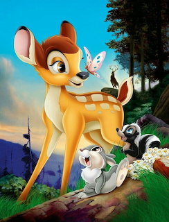 Cartoon deer Bambi standing on log with rabbit and skunk in forest setting