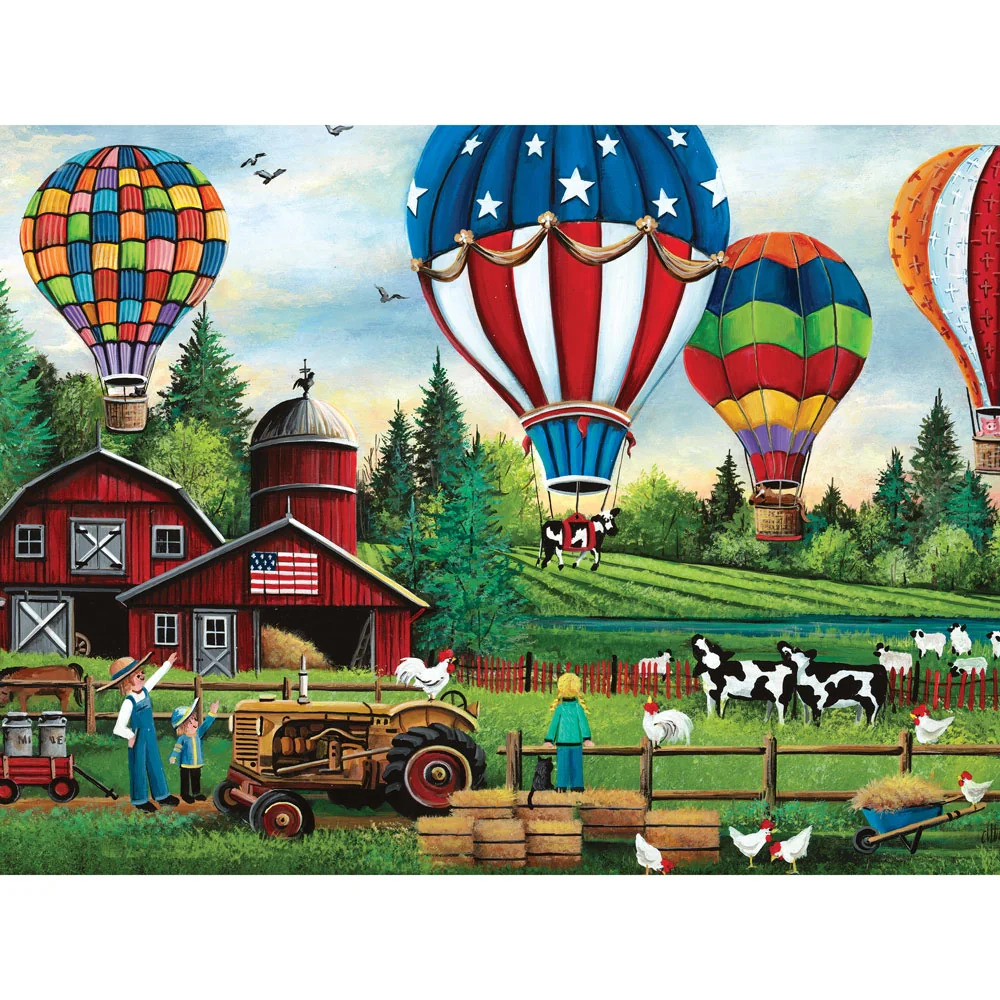 Hot air balloons over a farm with red barn, tractor, cows, and people in a rural landscape