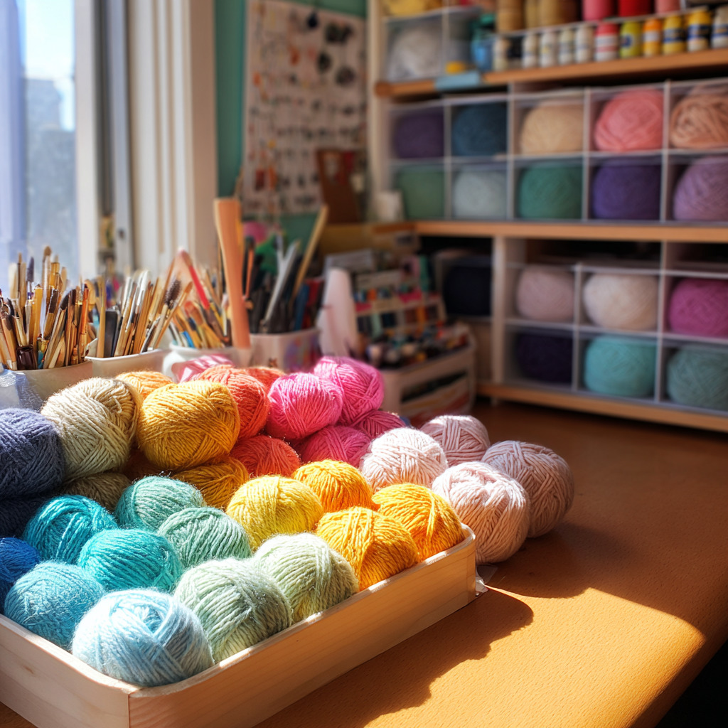 Colorful yarn balls arranged in yellow tray in sunny craft studio with shelves of art supplies
