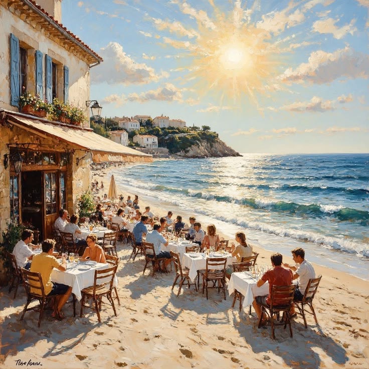 Painting of a beachside restaurant with diners at outdoor tables by the ocean under a bright sun