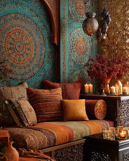 Moroccan lounge with intricate turquoise wall art, orange cushions, and candles