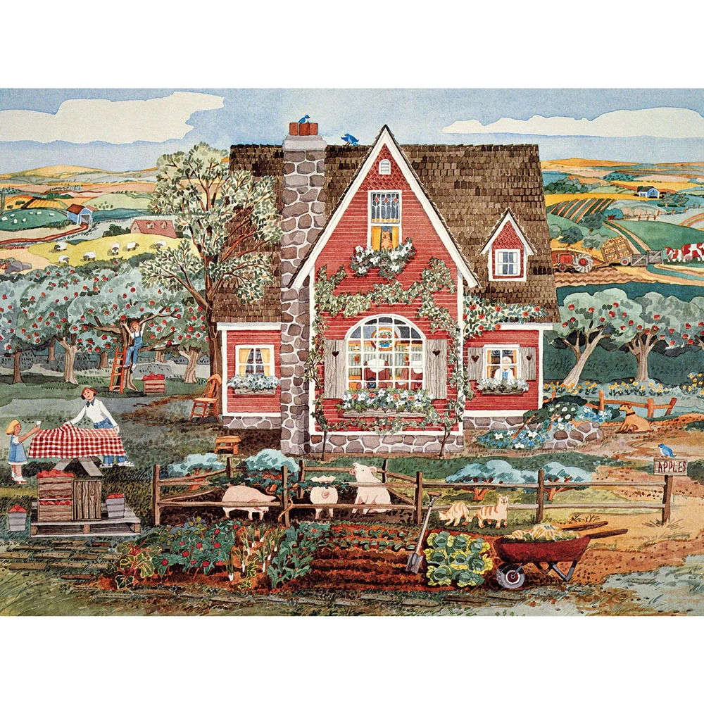Red cottage with garden, picket fence, and spring countryside landscape