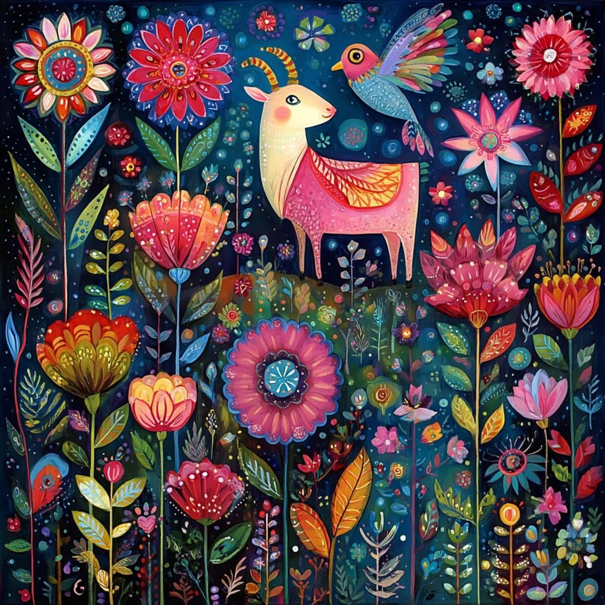 Colorful illustration of a white fantasy horse and a bird among bright flowers on a dark blue background