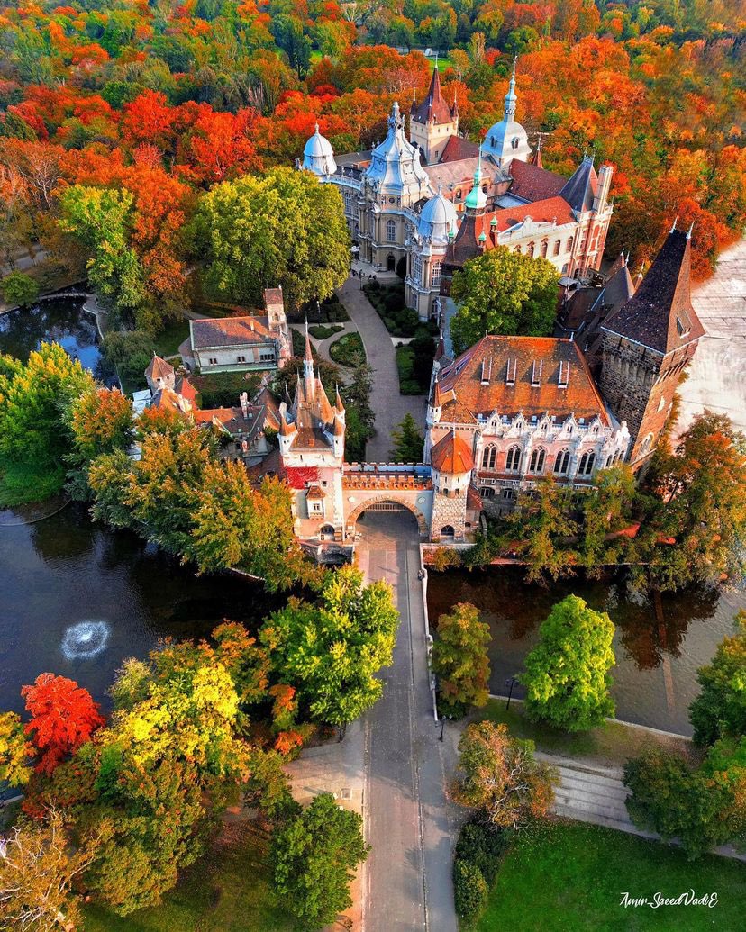 Aerial view of Vajdahunyad Castle with autumn foliage and surrounding water in Budapest