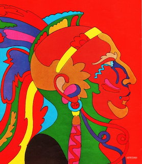 Psychedelic pop art illustration of a woman in profile with colorful flowing hair on red background