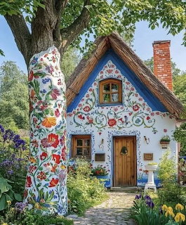 White cottage with colorful floral murals, garden path, blue roof, surrounded by trees and flowers