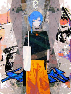 Anime character with blue hair in black top and orange pants with geometric abstract background