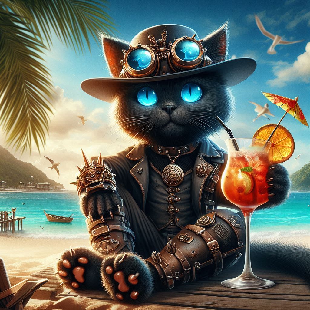 Black cat in steampunk goggles and vest holding orange cocktail on tropical beach