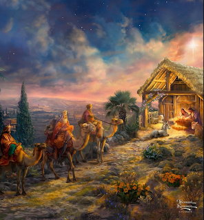 Nativity scene with three wise men on camels arriving at stable with Mary, Joseph, and baby Jesus under sunset sky