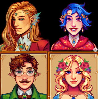 Grid of four illustrated fantasy character portraits with vibrant colors and unique styles
