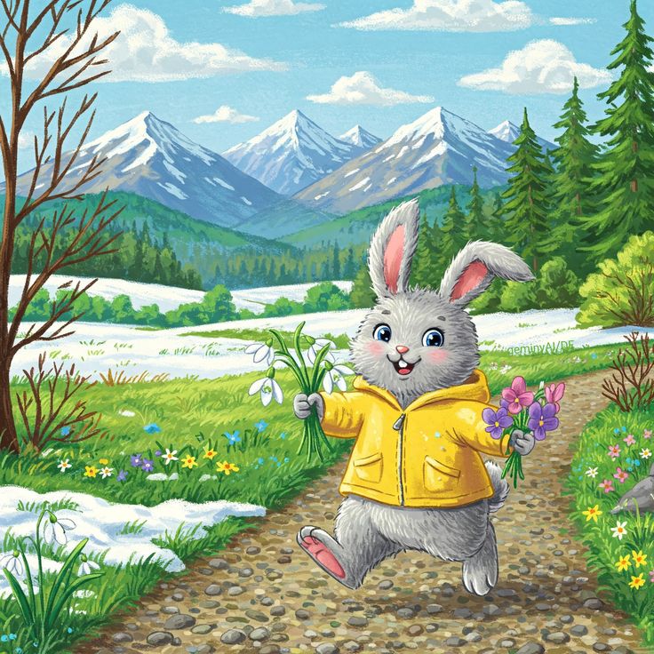 Cartoon rabbit wearing yellow jacket carrying flowers in mountain meadow with snow-capped peaks and pine trees