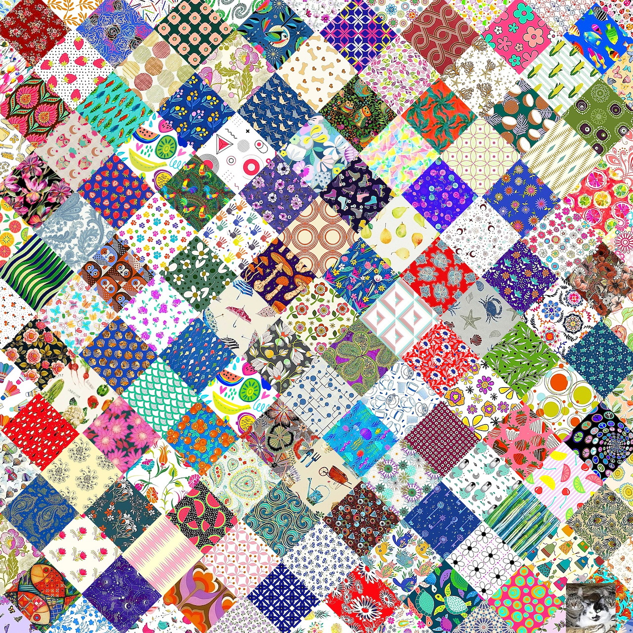 Colorful patchwork quilt grid with diverse fabric patterns including florals, dots, stripes and geometric designs