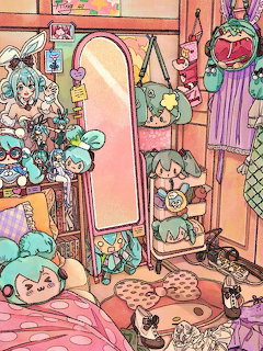 Anime-style bedroom packed with cute plushies, shelves, mirror, and colorful kawaii decorations