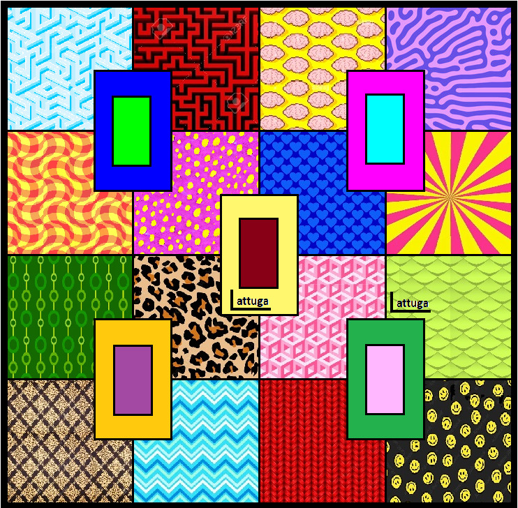 Colorful patchwork grid with varied patterns including geometric shapes, animal print, and abstract designs